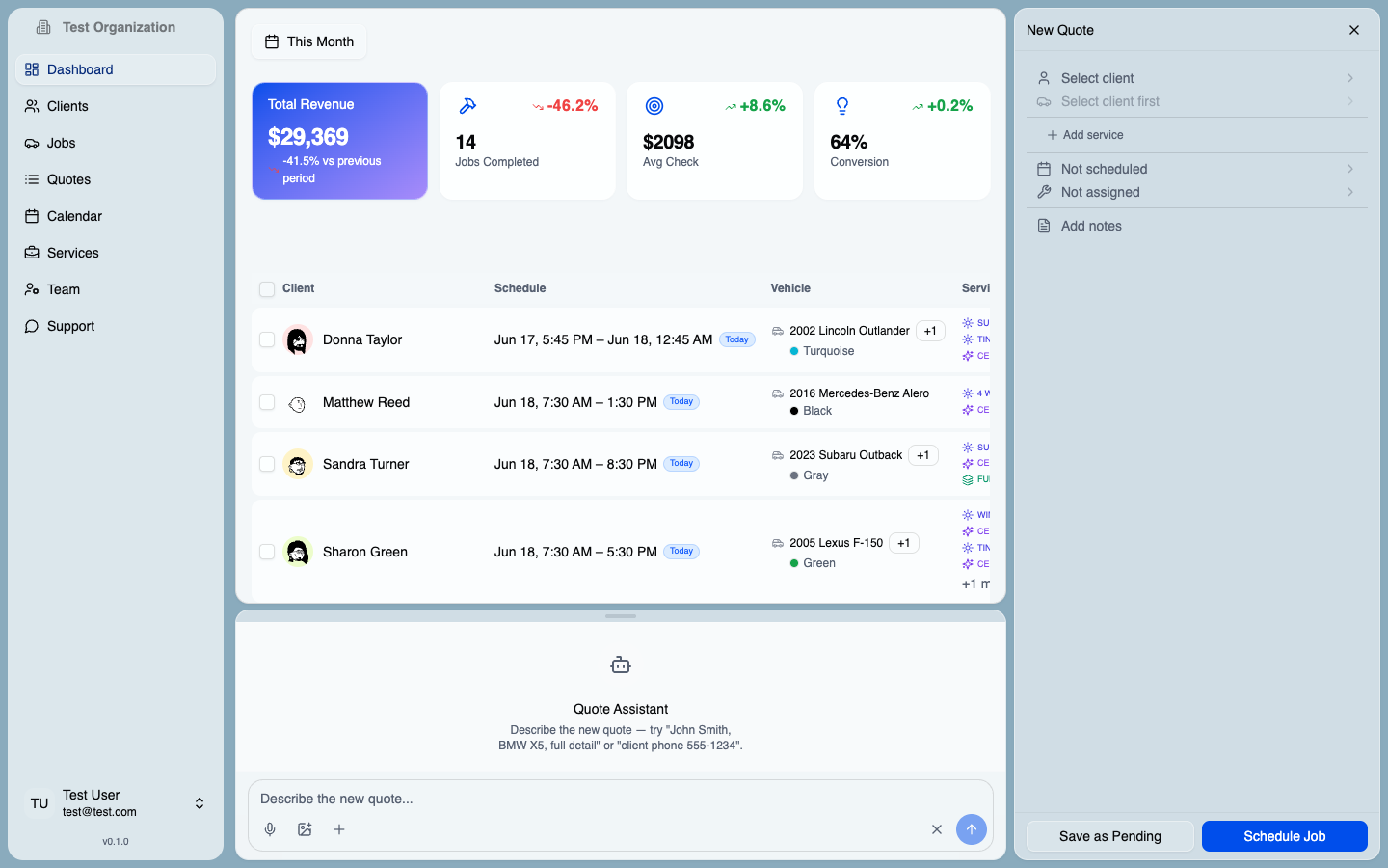 DetailingApp dashboard showing KPIs, AI assistant chat, and a quote builder