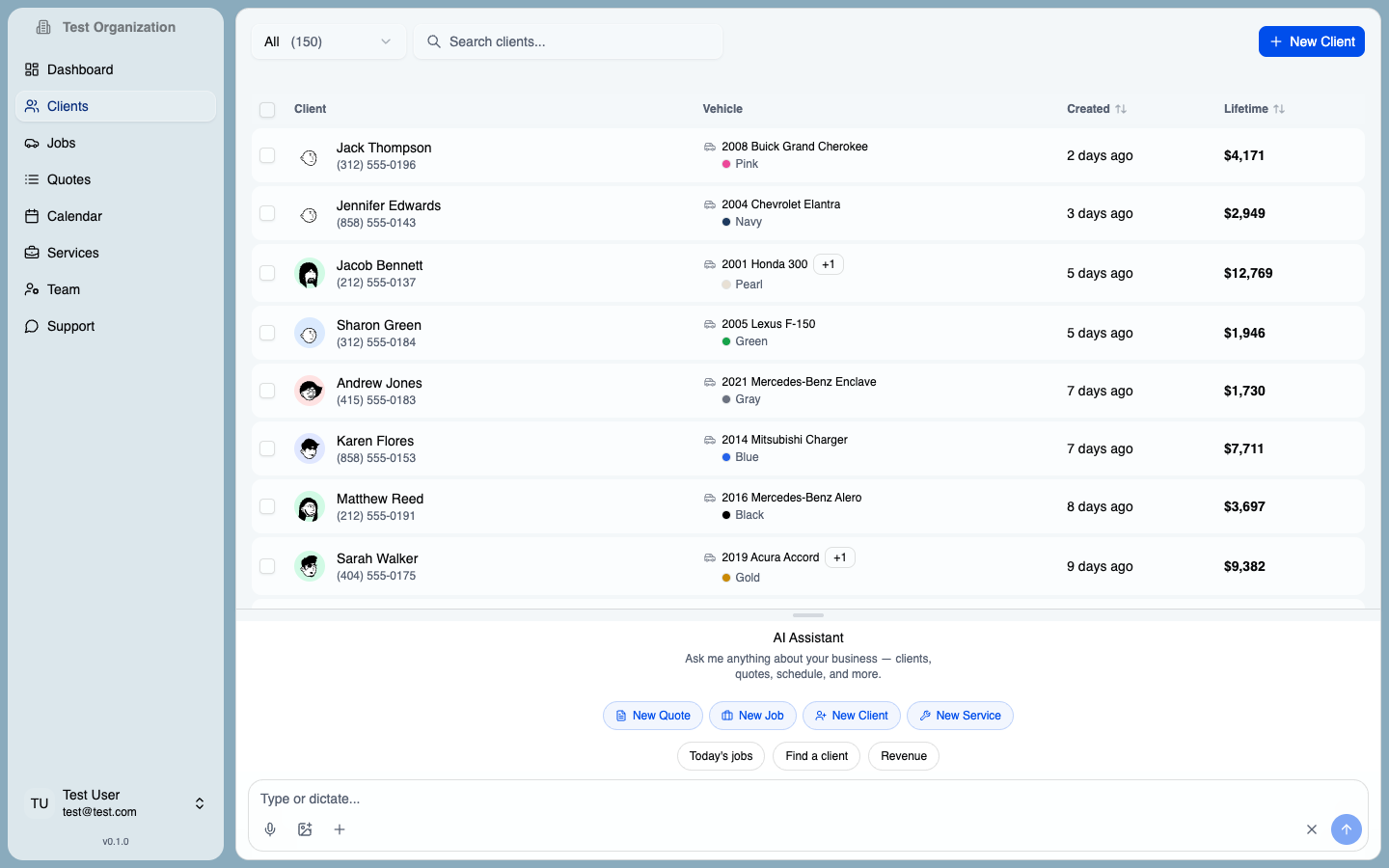 DetailingApp clients list with lifetime value and vehicle history