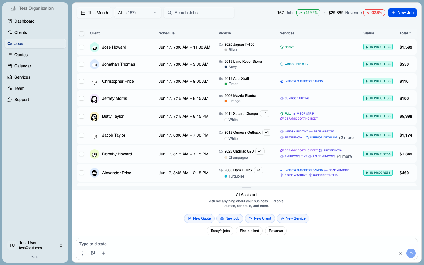DetailingApp jobs board with status, value, and schedule