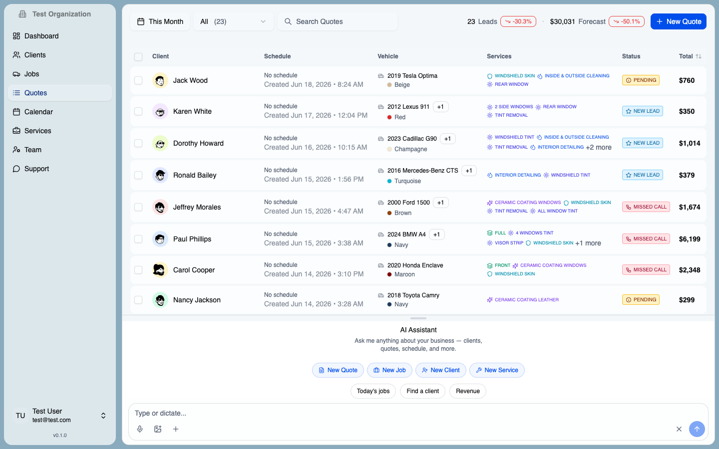 DetailingApp quotes pipeline tracking leads through statuses