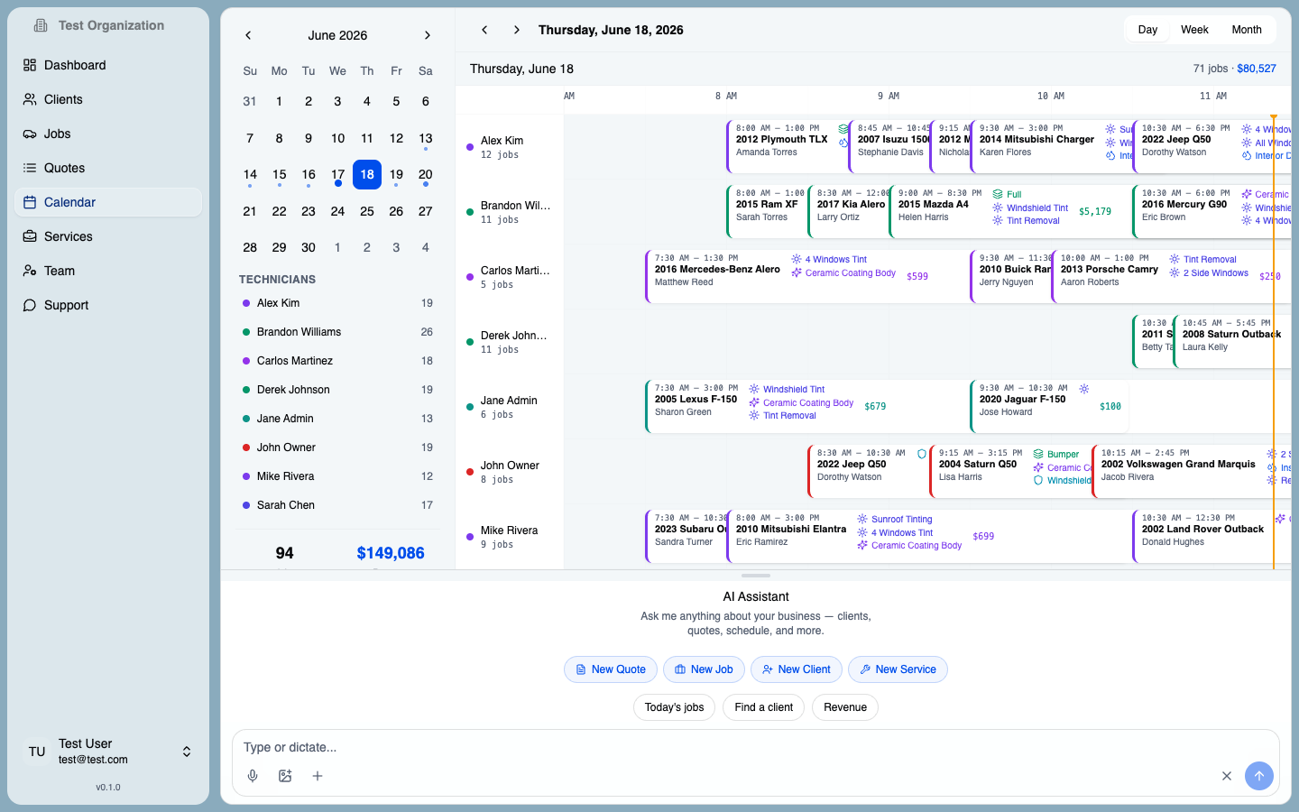 DetailingApp multi-technician calendar with color-coded jobs