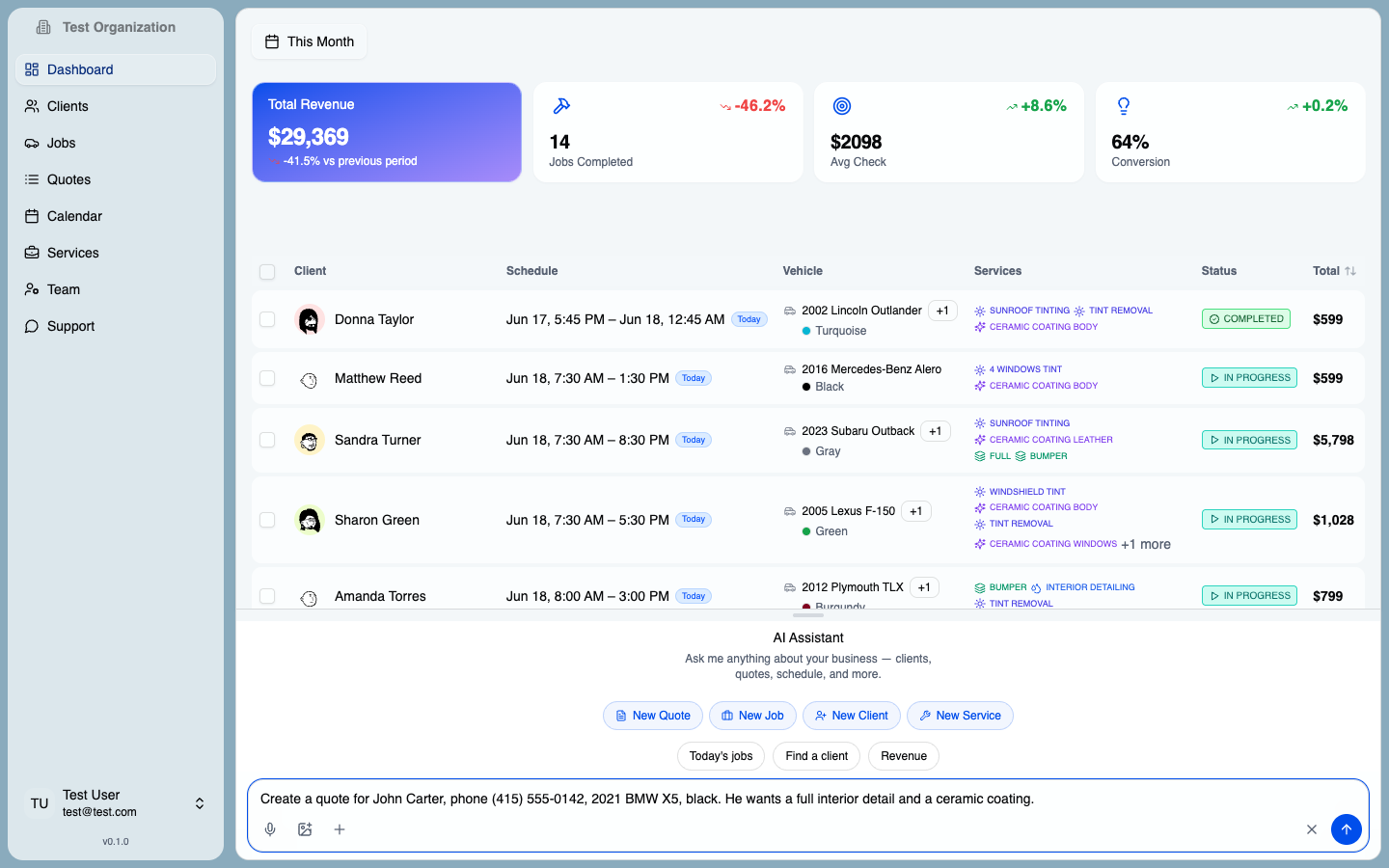 DetailingApp AI chat receiving a spoken quote request