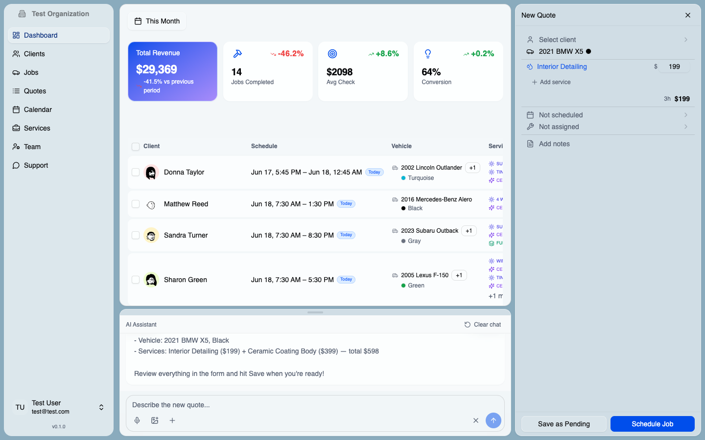 DetailingApp AI chat returning a fully built, priced quote